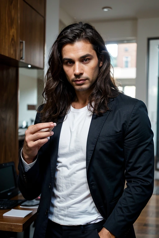Handsome Man 40 years old, lean muscular body, tan skin olive, his eyes are blue, 1.90m, his hair is dark brown with natural waves that flow down his shoulders, stubble unshaved, wearing a black blazer, blue shirt, black pants, he carries a white cat