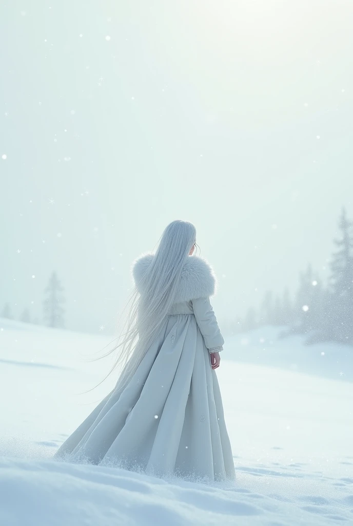 a girl is standing on a snow field wearing a thick white fur jacket. she has long white hair. she is looking up to the sky, view from behind, back view, there is snow falling from the sky, snow particles, inspired by krekkov, art style of krekkov,