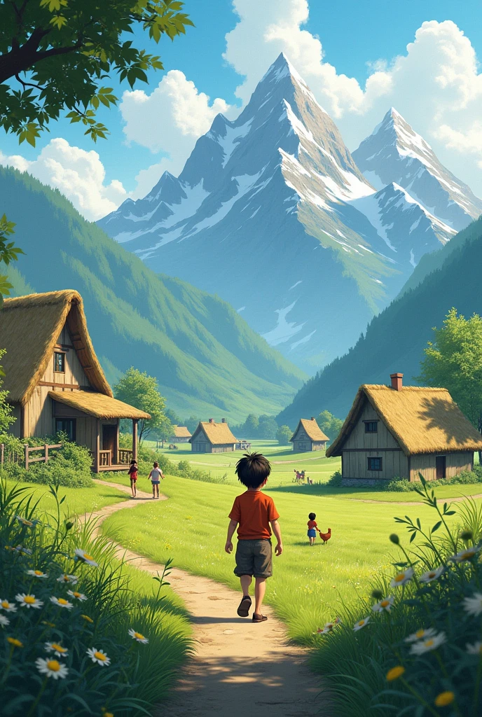 A small, peaceful village surrounded by mountains. Children playing in the fields. The protagonist, boy , is seen walking towards his home with a curious expression on his face.)