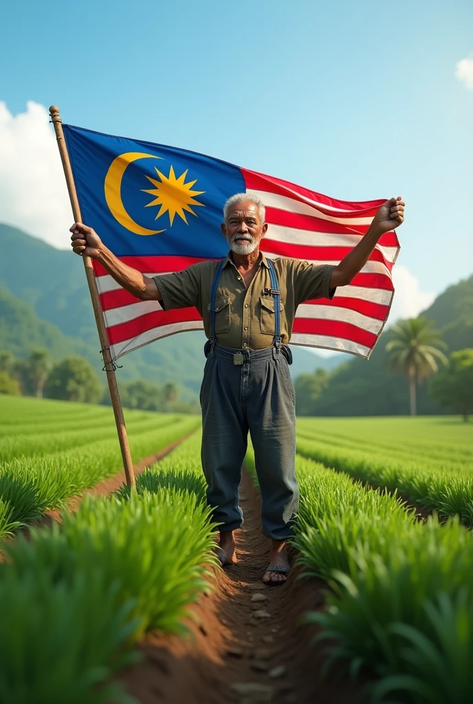 A farmer holding a malaysian flag
