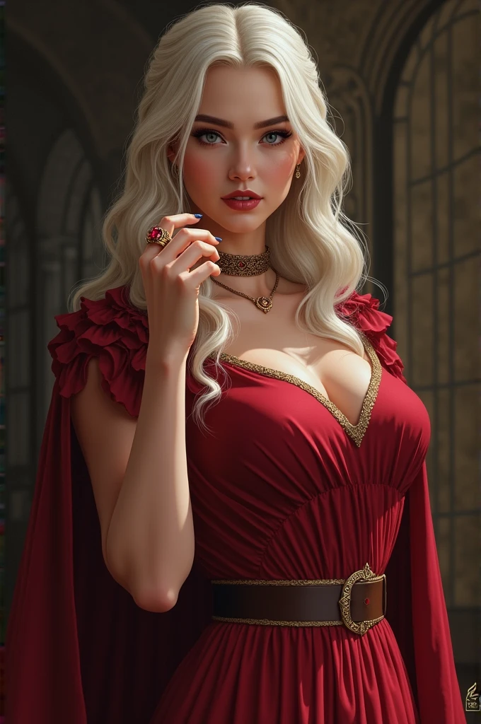 Viserra Targaryen played by the actress, >, showing off her engagement ring, a very thick and decorated gold ring, He also brings you a ruby, smiling with a cheeky little smile full of superiority "Fire & Blood"