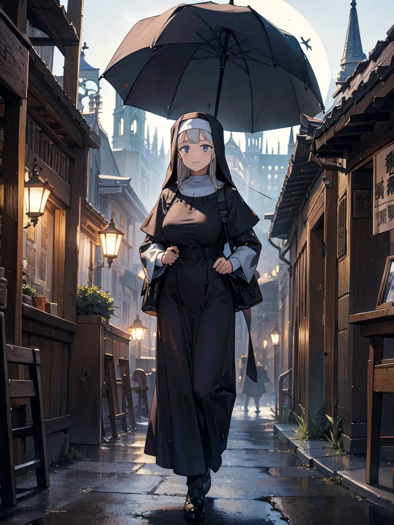 A huge cathedral under the moon、Nuns coming and going、Medieval streetscape,Wide Road、The sound of the bell rings out、