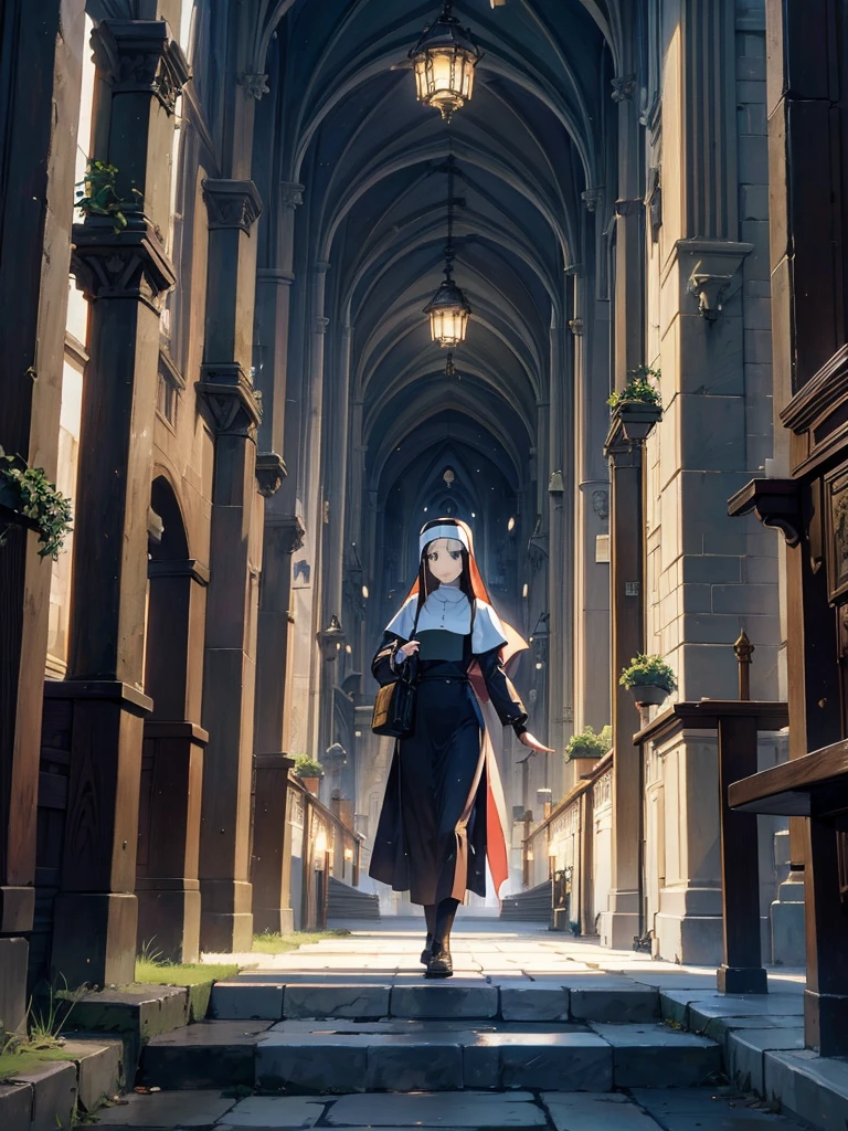 A huge cathedral under the moon、Nuns coming and going、Medieval streetscape,Wide Road、The sound of the bell rings out、