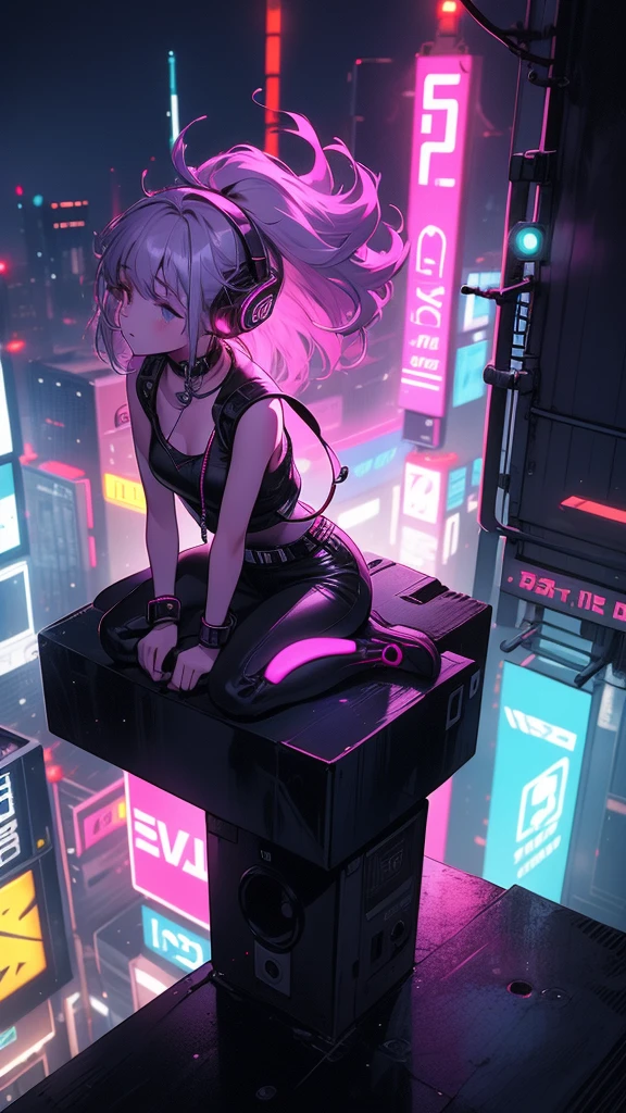 a girl with headphones sitting on top of a building,night, cyberpunk city, neon lights,neon, fog, sketch, stylized, artistic ,cinematic, cute,