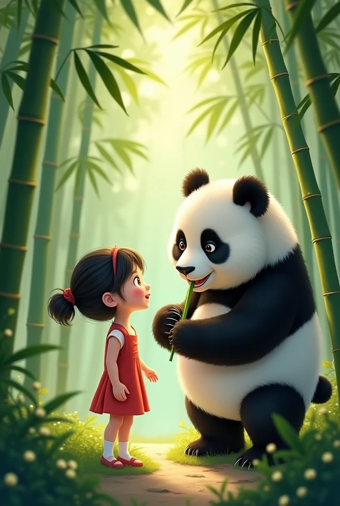 Ling meets Mochi
- A with a big smile and curious eyes, standing in front of a giant little panda, who is munching on bamboo shoots, in a serene bamboo forest.