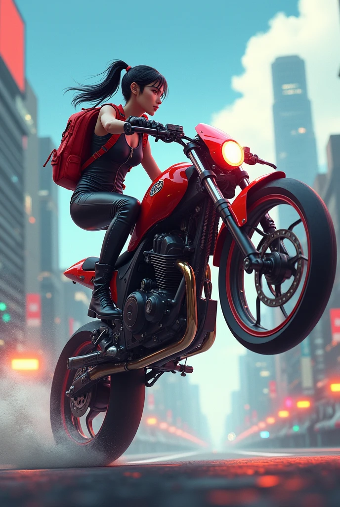 Generate an image that looks like a game cover where the character is doing a wheelie on a bike and wearing a red backpack
