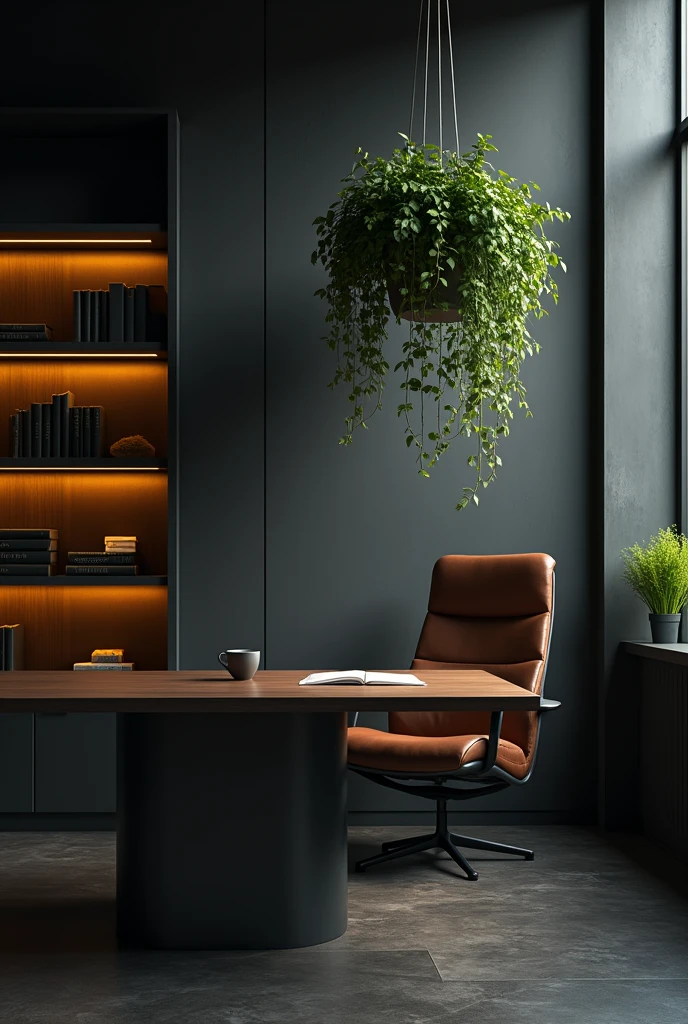 Create a office background which is dark with yellow light and including a grass pot hanging on the wall and dark silver wall with book shelf. It must not look like animated make it real image clicked with camera. No window light should be there.