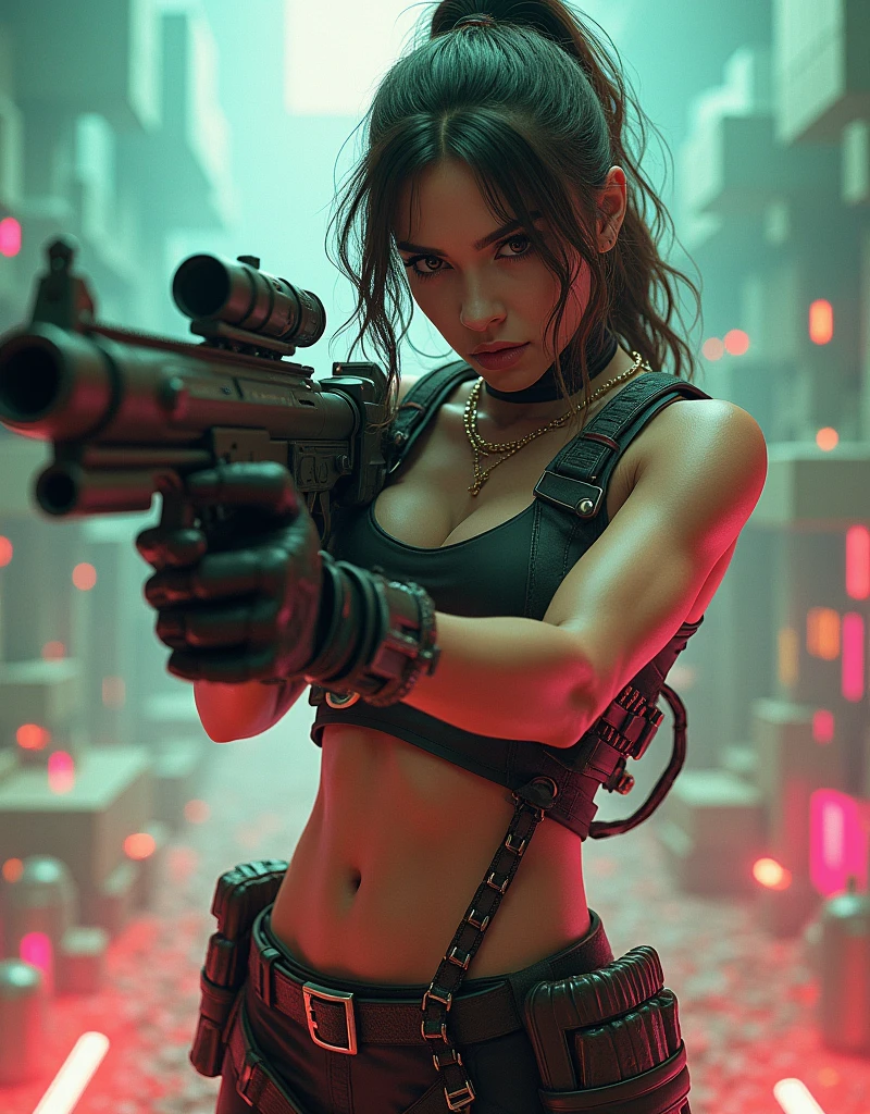 unreal engine:1.4,CG K ultra realistic, photorealistic:1.4, skin texture:1.4, artwork 1girl, Gatling gun, Casing, looking at viewer, dynamic pose, Blows, ammunition belt, gloves, large breasts not disproportionate, shooting , extremely detailed:1.4, more detailed, optical mix, playful patterns, animated texture, unique visual effect, or cyberpunk yellow color, red pantyhose, yellow leather miniskirt, masterpiece, ((colors, cyan, greens, pink, brown: 1.2)), 8k realistic digital art)), 32k