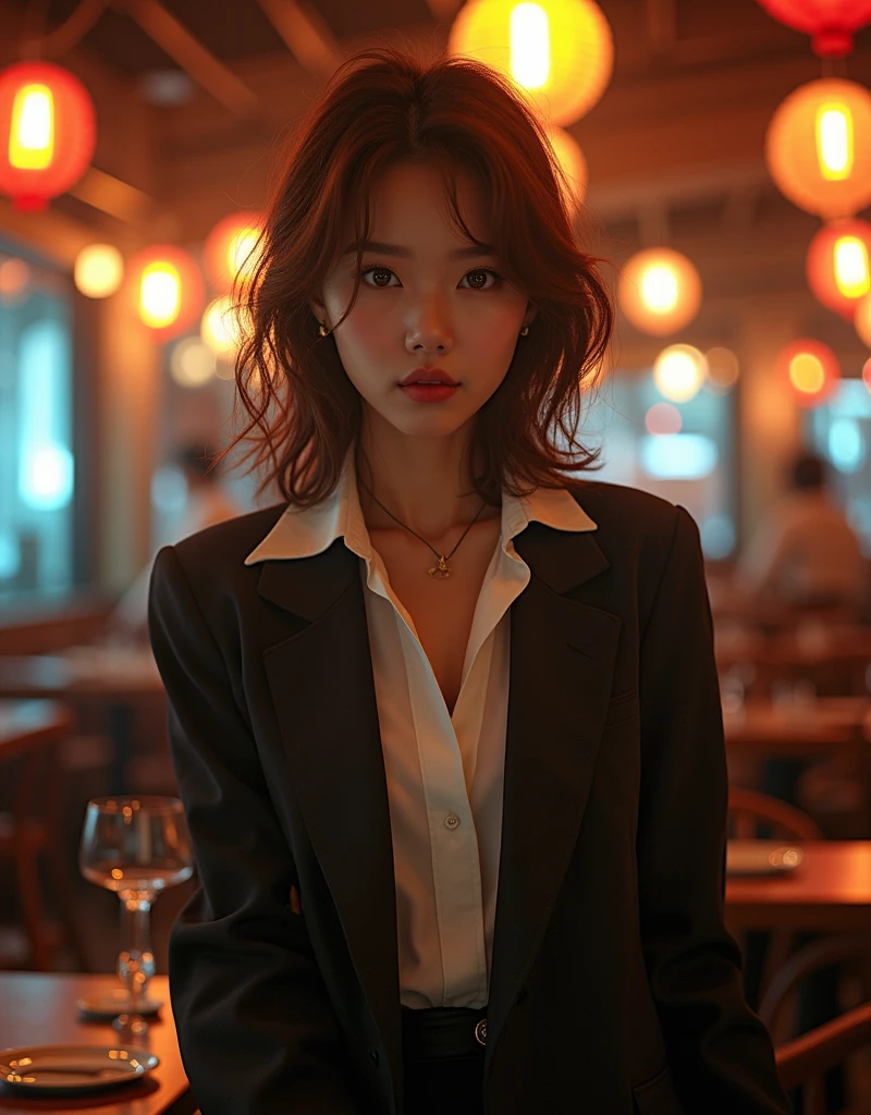 masterpiece, Highest quality, Realistic, Very detailed, Finer details, High resolution, 8k wallpaper, Korean women、One beautiful woman, Wear casual business attire, In a great restaurant, At night, Light brown messy hair, Perfect dynamic composition, Beautiful and beautiful eyes