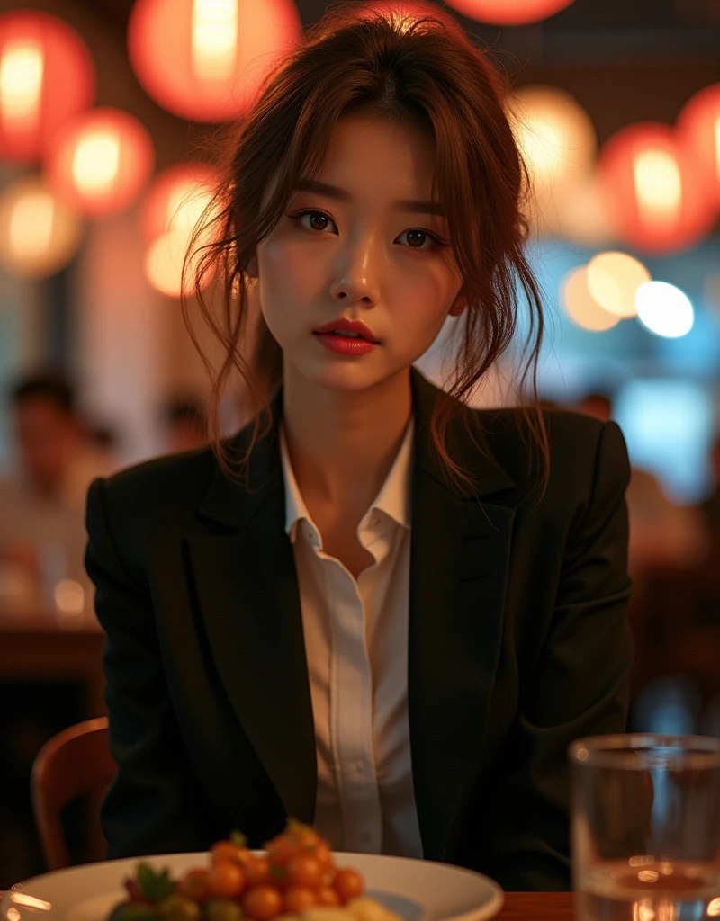 masterpiece, Highest quality, Realistic, Very detailed, Finer details, High resolution, 8k wallpaper, Korean women、One beautiful woman, Wear casual business attire, In a great restaurant, At night, Light brown messy hair, Perfect dynamic composition, Beautiful and beautiful eyes