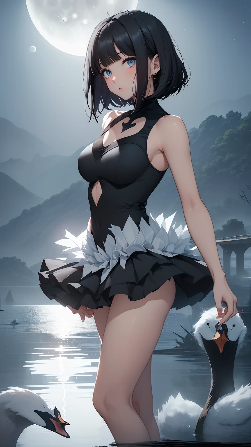 Highest quality, flying debris、Beautiful woman、Black Hair、(Dark blue eyes、Blunt bangs、Blunt bangs)、short hair、beginner,Full body portrait、break(Ballet Dancer、Ballet Dress、Tutu skirt:1.2)、break(((The lake of swan、Moonlit Night:1.3))),Big Breasts、((The fog is thick.))、BREAK((Black and light blue theme:1.2))
