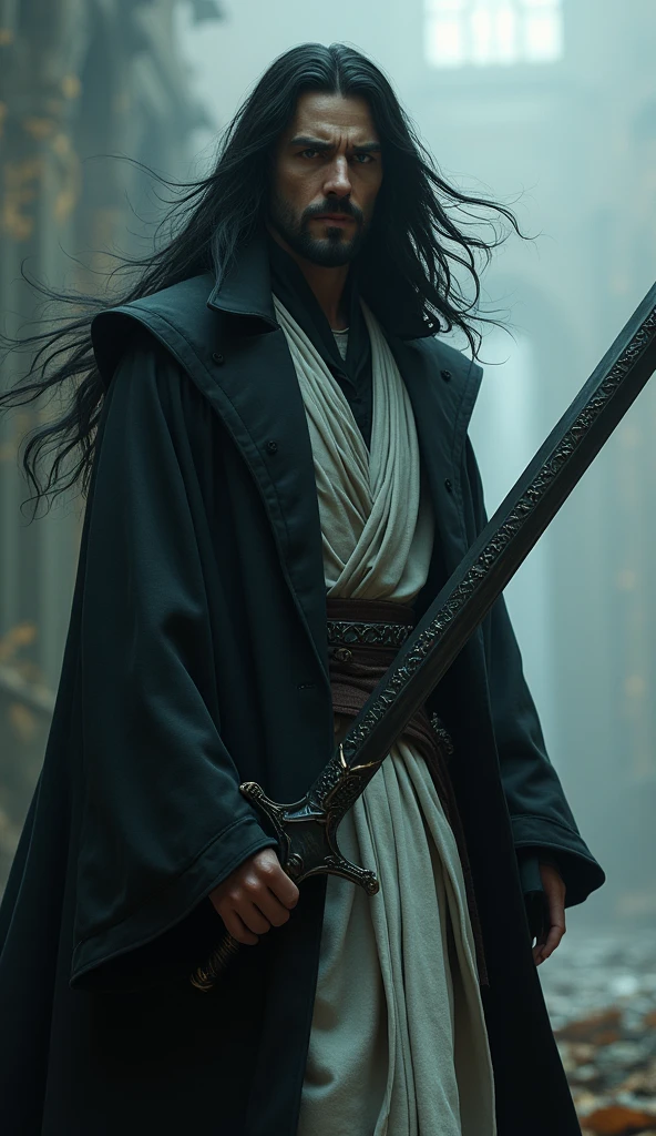 "A photo-realistic depiction of Vortex. Full-body Vortex has a resolute stance and his long black hair is waving in the wind. He wears a smooth, dark coat with a realistic texture, and is an overwhelming figure. Underneath his coat, he wears a noble white. In his right hand is a long, dark sword with intricate carvings and a subtle, eerie glow. It captures him in intense focus.The background has realistic lighting and shadows that enhance the atmosphere, blending real-world elements with subtle fantasy details to give it an authentic intensity and otherworldly feel. It creates a tense environment with hints of power.”
