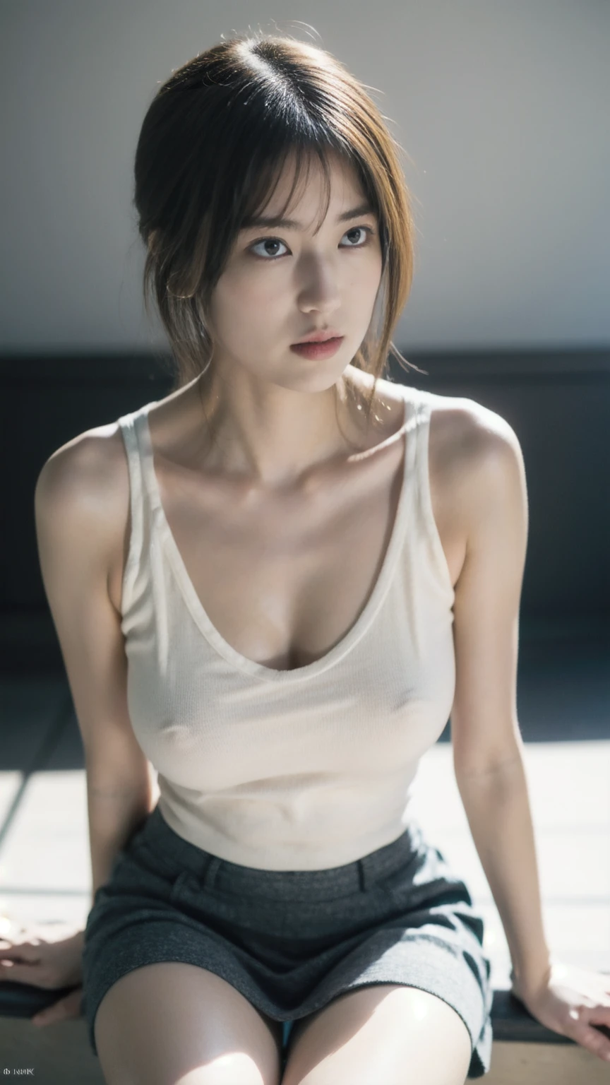 1girl, woman, masterpiece, best quality, highest quality, Cinematic lighting, (Front lighting), extremely detailed CG unity 8k wallpaper, focused, 8k wallpaper, extremely detailed, ultra realistic, photorealistic, sharp focus, absurdres, (HDR:1.2), (high contrast), photograph, detailed and intricate, instagram, portrait, highly detailed, digital painting, smooth, sharp focus, illustration, cinematic lighting, (big breast:1.3), eyes looking at the viewer, ((medium shoulder)), (show thighs), (slender body), (((height 163cm))), (HQ skin:1.4, Realistic human body structure), (medium body shot, hips level shot), (high angle shot:1.6), (Knit strap tanktop, black short skirt), (pale skin), sitting.