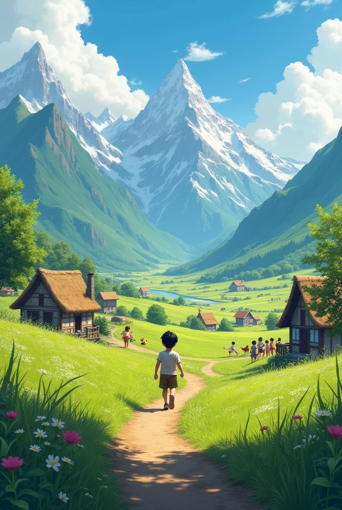 A small, peaceful village surrounded by mountains. Children playing in the fields. The protagonist, boy , is seen walking towards his home with a curious expression on his face.)