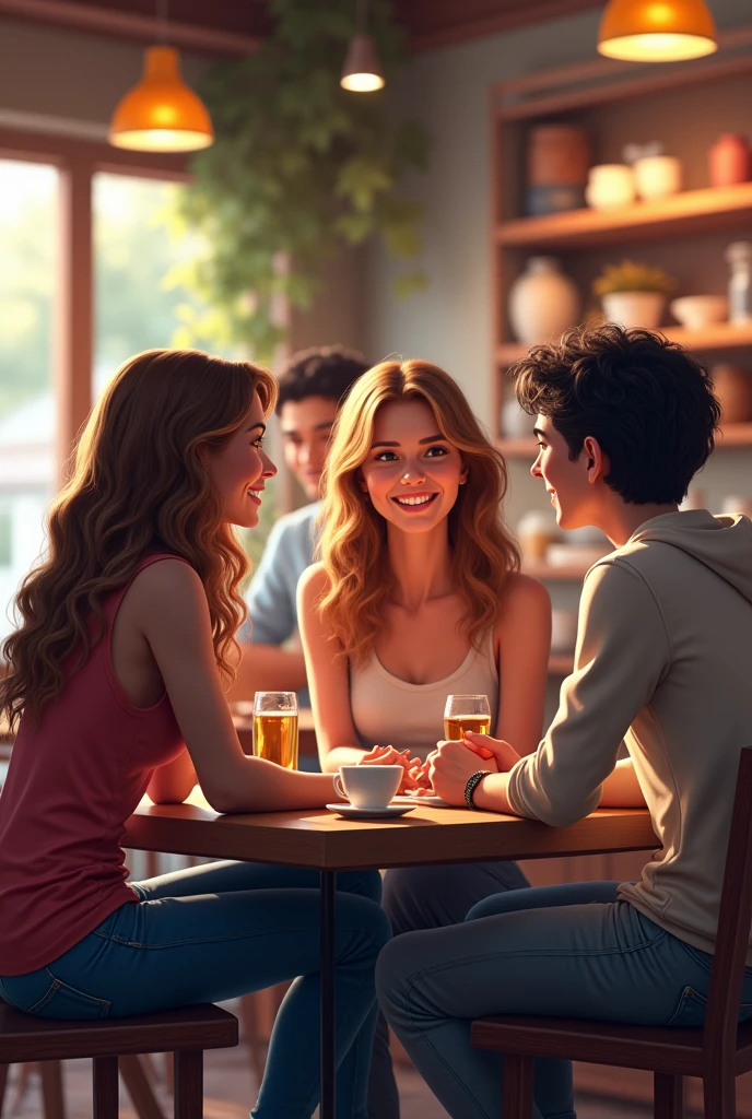 three girls on the left side and one guy on the right side talking in the small coffee shop