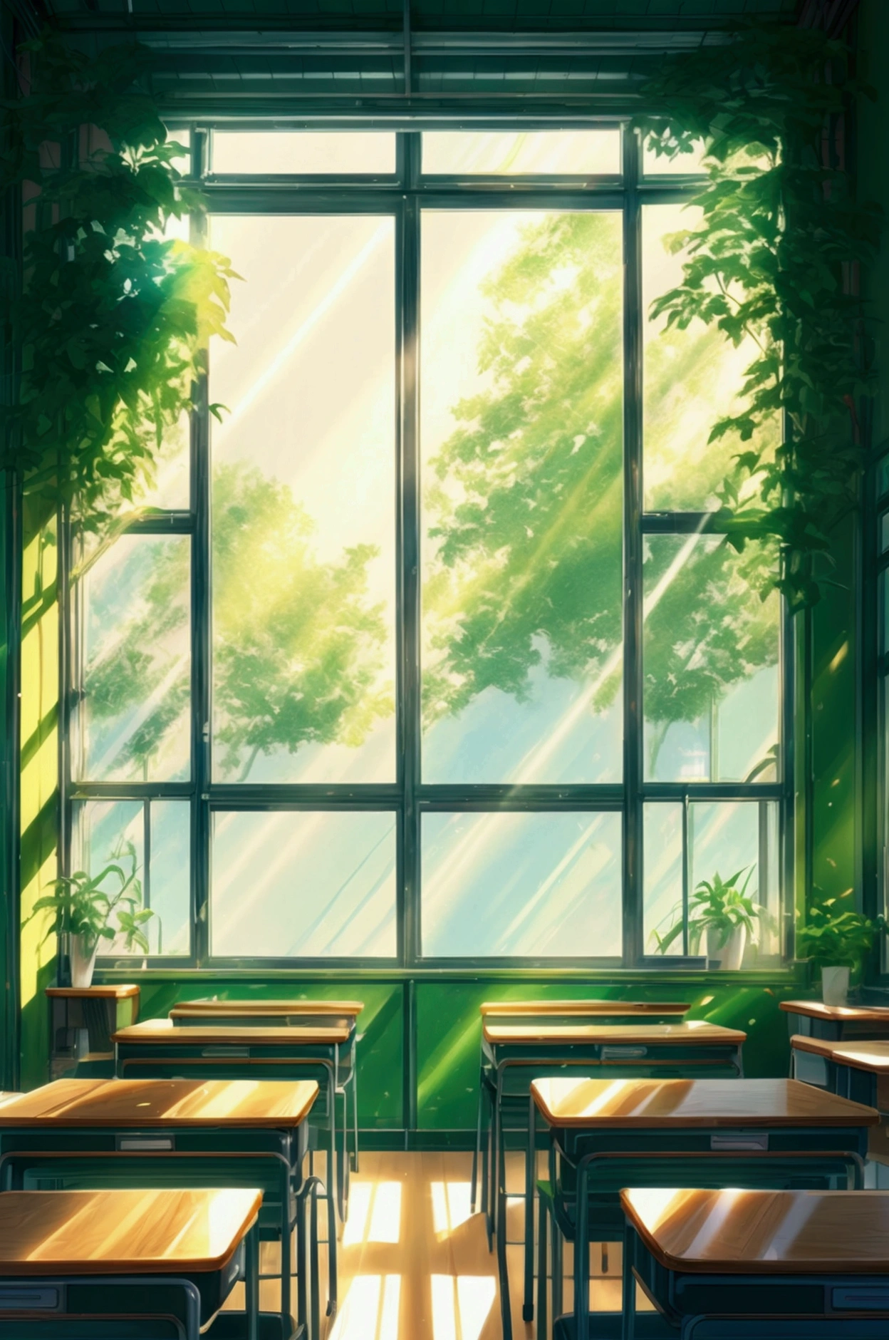 A school classroom with green plants and sunlight shining through the windows, a desk in front of it, anime style, high resolution, high quality, high detail, anime aesthetic, realistic, anime art, anime style, high details, anime, anime composition, anime style, anime illustration, anime aesthetic,