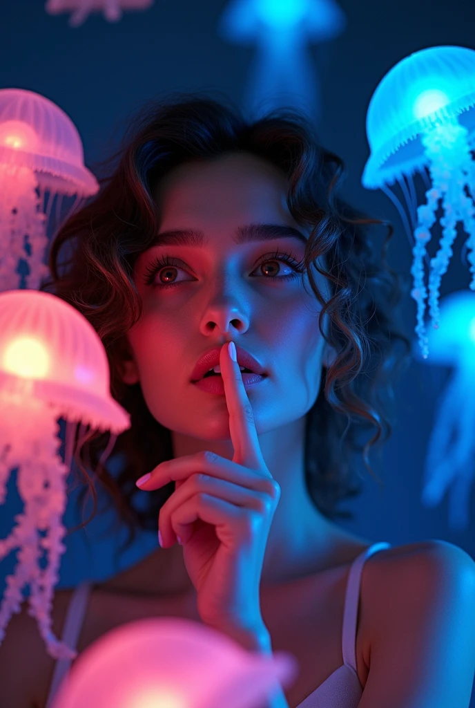 Here’s the modified prompt:
A hyper-realistic fashion portrait of a model beautiful woman with curly hair, wearing safety glasses. She has light-colored eyes and is surrounded by floating jellyfish of different colors inside a room. Each jellyfish is in a different position, illuminating the space with neon lights. the room its dark, The woman is gazing at them with a sense of wonder and curiosity, reaching out with her index finger as if to touch one of the jellyfish. The neon glow from the jellyfish creates colorful reflections on her face and surroundings, adding to the ethereal atmosphere of the scene. Her skin should have a more natural appearance, avoiding a porcelain-like finish, with realistic textures and tones that reflect a healthy look.