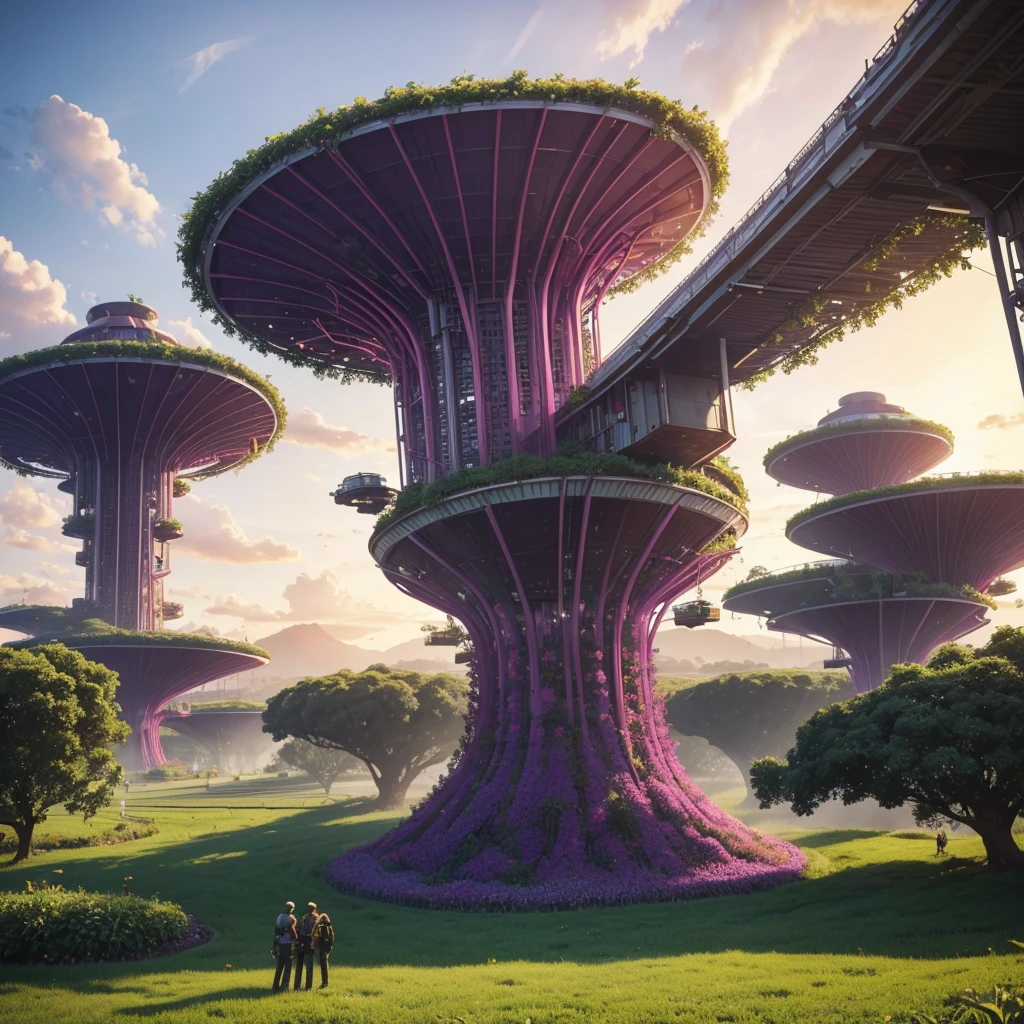 A sprawling dragon fruit farm in a futuristic setting, captured in 8K resolution. Rows of vibrant, magenta dragon fruits grow on sleek, vertical farming structures made of reflective glass and metal. The farm is bathed in a soft, golden light from the setting sun, with the sky showing a gradient from deep orange to twilight blue. In the background, advanced agricultural robots tend to the plants, using robotic arms with precision to harvest the fruits. There are also drones buzzing overhead, monitoring the crop health and spraying a fine mist of nutrients. The surrounding landscape features a blend of lush greenery and distant, futuristic cityscapes with towering skyscrapers and flying vehicles. The scene conveys a sense of harmony between nature and technology, with a focus on sustainable farming practices."