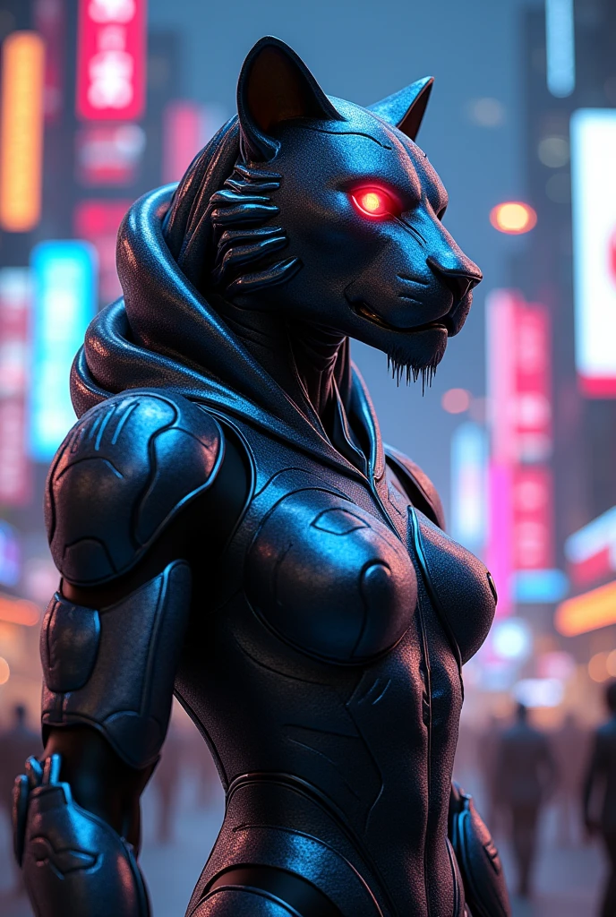 glossy cyborg helmet lion and costume with white glowing eyes,costume with red glowing eyes, standing in cyberpunk neon city
