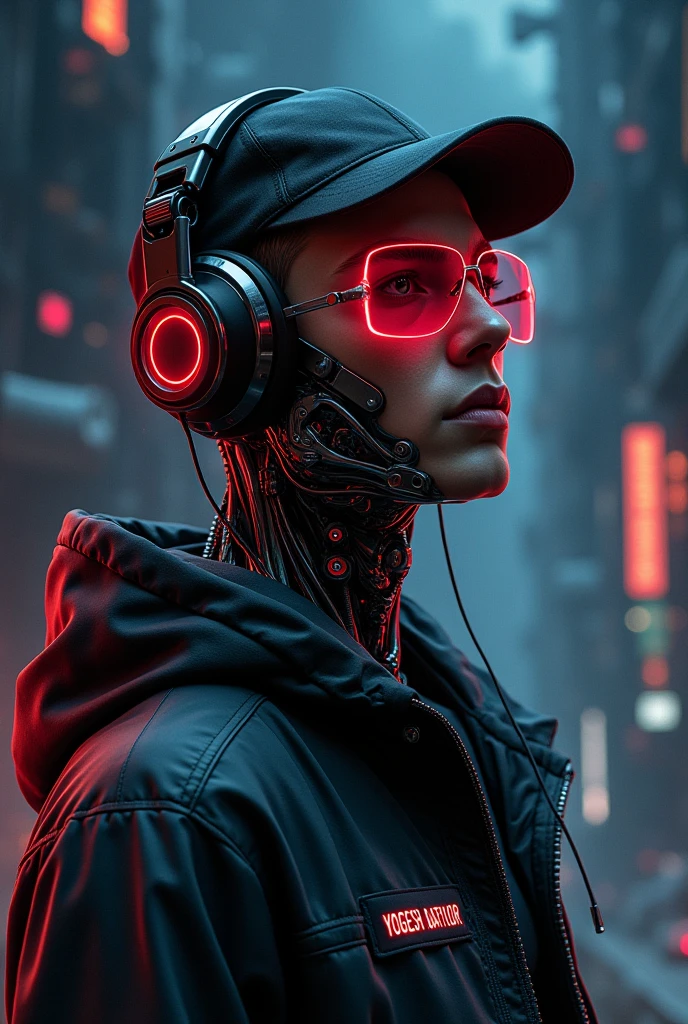 A highly detailed 19-year young boy cyborg, with a focus from the shoulders up, looking slightly towards the camera. The cyborg should have a futuristic and sleek appearance, featuring polished metal, intricate mechanical details, and neon glowing cybernetic implants. Include cyberpunk technology elements, such as cyberpunk-style glasses and headphones. His eyes should be red glowing and enigmatic, with an expression suggesting contemplation or curiosity. The background should be a dark cosmic setting with a cinematic and professional style, incorporating deep space elements like stars and nebulae. The transition between the cyborg's technology and the cosmic background should be smooth and harmonious, creating a striking and immersive visual contrast, the boy wearing black cap, YOGESH RATHOR name on the jaket
