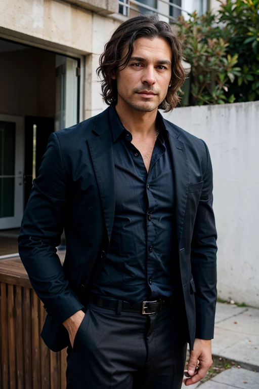 Handsome Man 40 years old, lean muscular body, tan skin olive, his eyes are blue, 1.90m, his hair is dark brown with natural waves that flow down his shoulders, stubble unshaved, wearing a black blazer, blue shirt, black pants, he has a white cat 