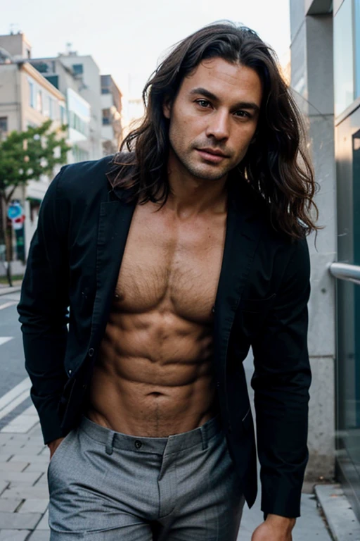 Handsome Man 40 years old, lean muscular body, tan skin olive, his eyes are blue, 1.90m, his hair is dark brown with natural waves that flow down his shoulders, stubble unshaved, wearing a black blazer, blue shirt, black pants, he has a white cat
