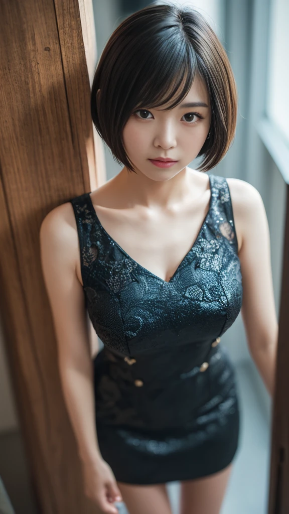 1 person, (((short hair))), Bright Chinese dress, Mini Dress、(masterpiece, Highest quality, The Law of Perspective), Beautiful expression, 8k, RAW Photos, Hmph, Realistic, Film Grain, chromatic aberration, High resolution, Very detailed, finely, Dynamic Lighting, Dramatic lighting、Shadowy、Very detailed目と顔、
