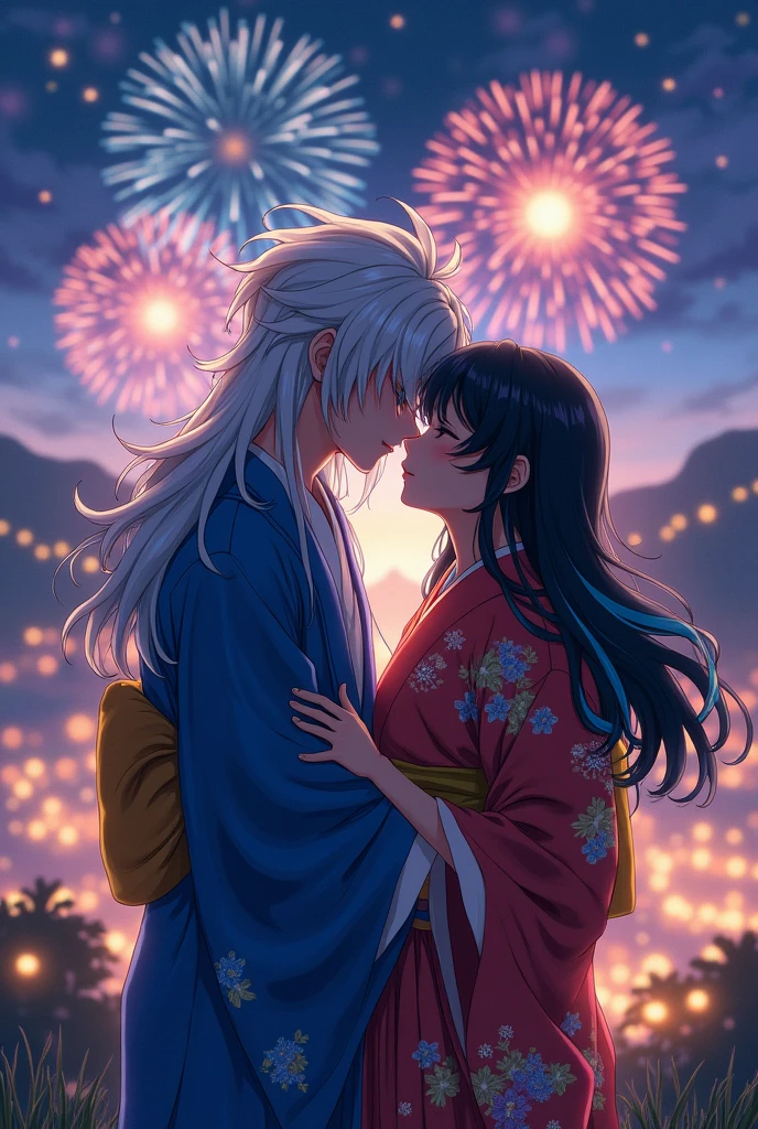 Create two teenagers kissing on top of a hill at the fireworks festival in Japan, The boy has long, combed hair, his hair is white with cyan blue highlights and the girl has black hair with blue highlights, both are wearing anime-style kimonos. 