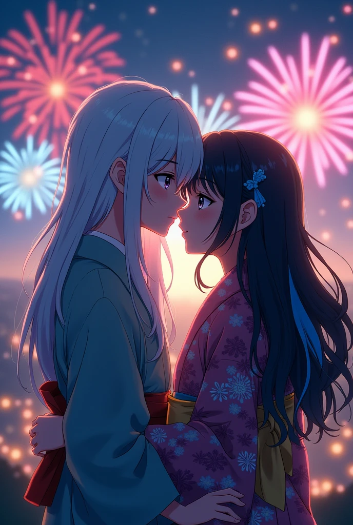 Create two teenagers kissing on top of a hill at the fireworks festival in Japan, The boy has long, combed hair, his hair is white with cyan blue highlights and the girl has black hair with blue highlights, both are wearing anime-style kimonos.