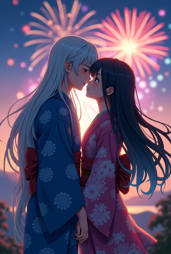 Create two agers kissing on top of a hill at the fireworks festival in Japan, The boy has long, combed hair, his hair is white with cyan blue highlights and the girl has black hair with blue highlights, both are wearing anime-style kimonos. 