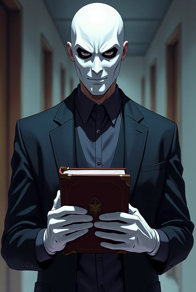 Man with a villainous appearance, not Smoke&#39;s negro, with a white full face mask, black eyes, white gloves and a book, anime style  
