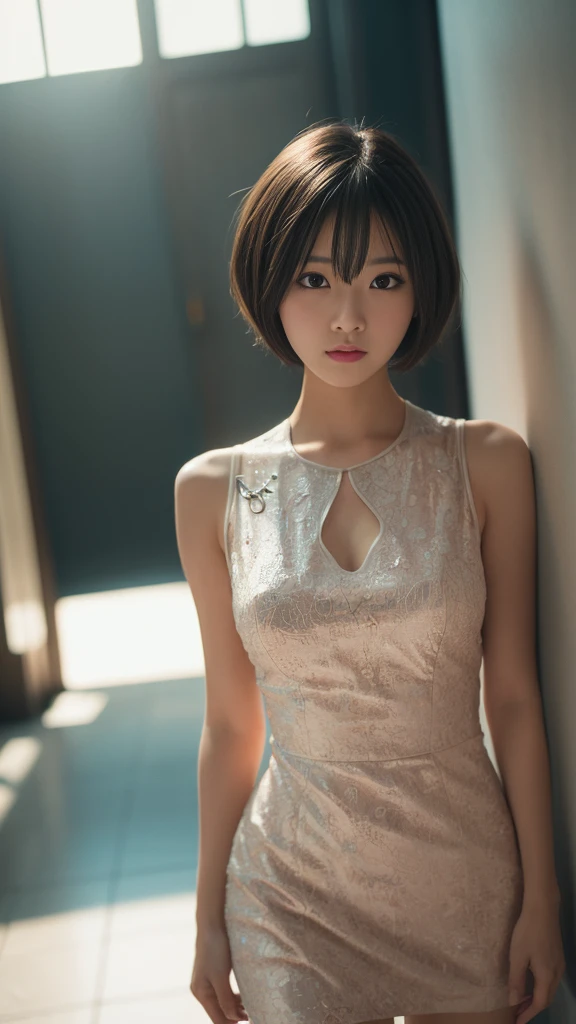 1 person, (((short hair))), Bright Chinese dress, Mini Dress、(masterpiece, Highest quality, The Law of Perspective), Beautiful expression, 8k, RAW Photos, Hmph, Realistic, Film Grain, chromatic aberration, High resolution, Very detailed, finely, Dynamic Lighting, Dramatic lighting、Shadowy、Very detailed目と顔、