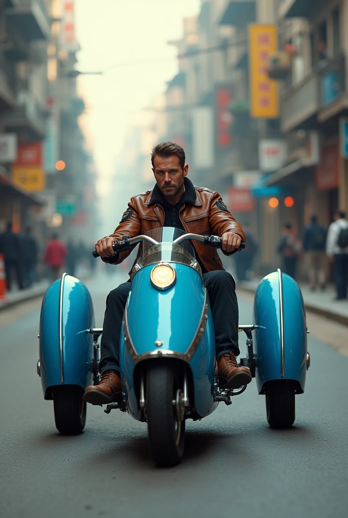 A man drives a blue, three-wheeled sidecar.