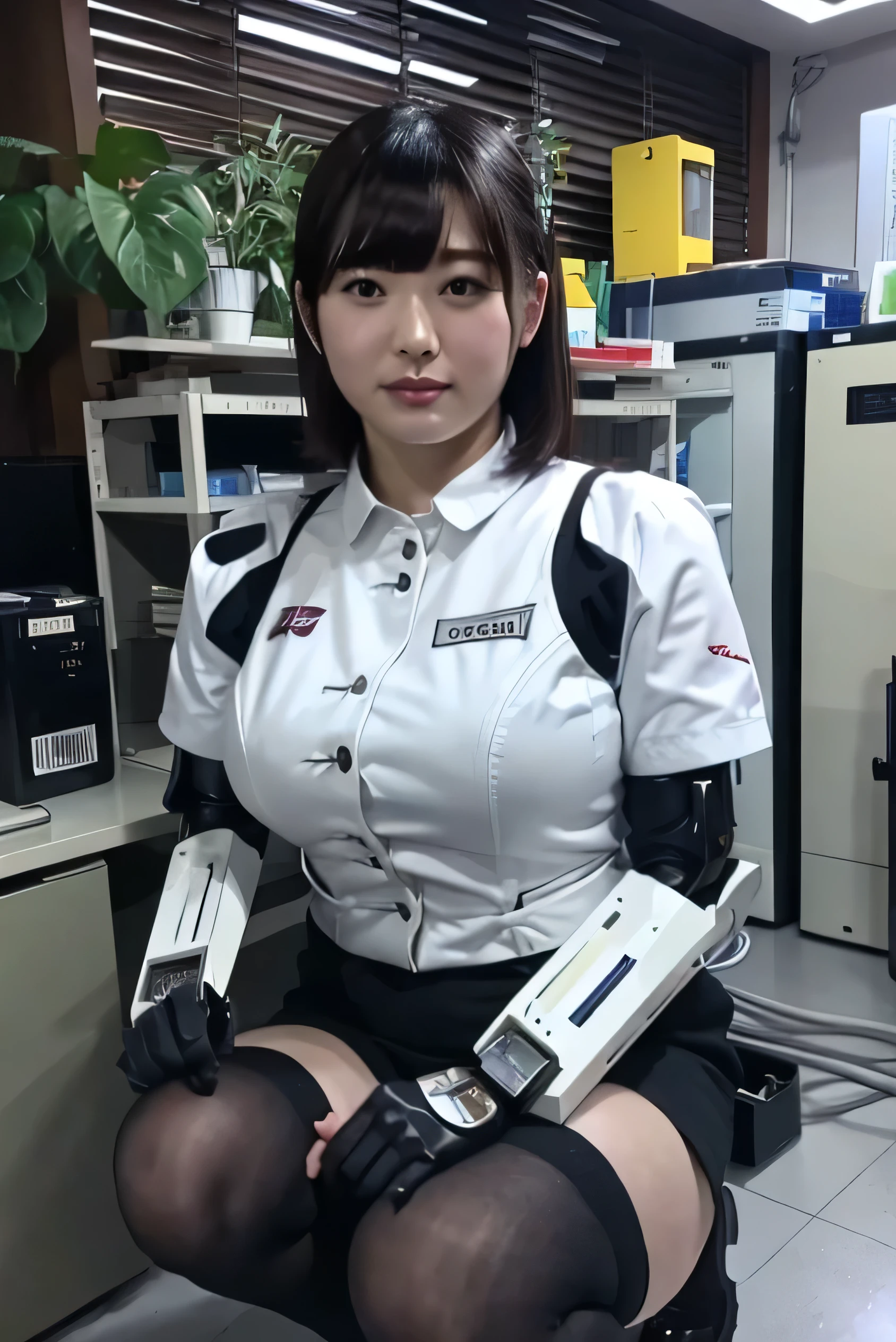 masterpiece, best quality, extremely detailed,portrait, Japanese android girl,Plump,a bit chubby,control panels,robot arms,robot,android,cyborg,white robot body,blunt bangs,robot repair plant,black knee high socks,