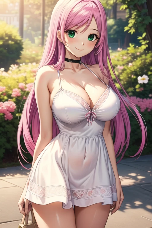 1 girl, 1, Long pink hair, green eyes , master-piece, best quality, (standing up), (short dress), (floral, spaghetti strap, short white summer light pink dress),  (Big , ultra gigantic , Super super big, Glamorous body), Make eye contact with the camera, front figure, looking forward, (light_Smile:1.5), (Detailed hands and fingers:1.2) (In the sunny park), (FULL BODYSHOT), thighs thighs thighs thighs、beauty legs、Bare legs