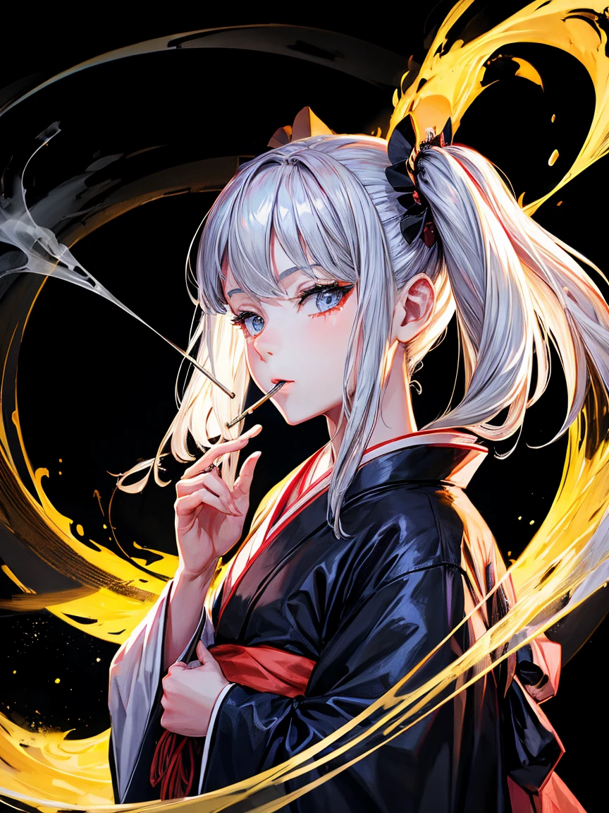 cigarette,Kissel,Gray Hair,10th Generation,neutral,kimono,Black background,An illustration,Fantasy,1 person,Twin tails