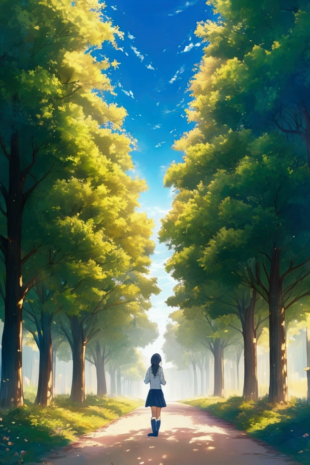 A girl in school uniform is walking on the tree-lined road on campus,Anime illustrations,Tall woods,Looking up,Teaching Building