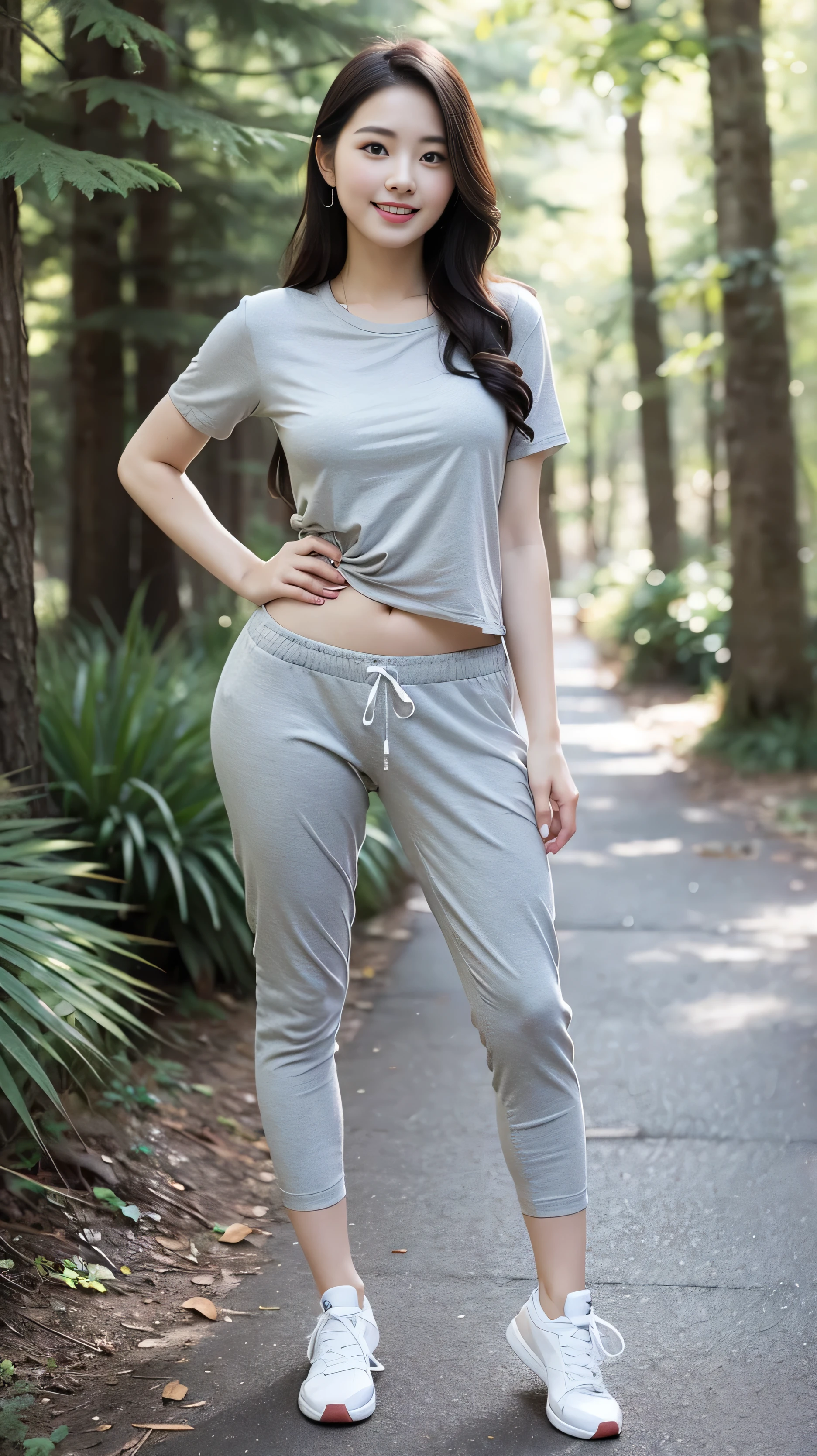 masterpiece, best quality, Surreal, Ultra Detailed, 8k resolution, RAW photos, Clear focus, (A girl in the forest), ((light gray shirt:1.1)), Short sleeve, Short sweatpants,Full body posture, Solitary, Perfect body, Become a, 32 inches in the chest,(a charming smile:1), (sexy pose),2, light,White shoes