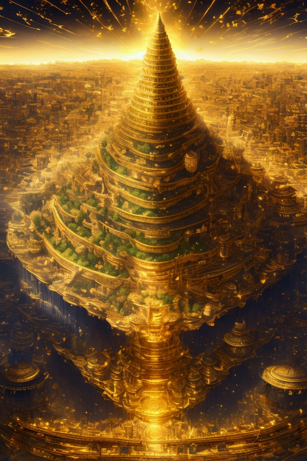 he ground is a staircase made of books, with an ancient Chinese figure walking on it. fantasy scene, It has exquisite details, colorful light effects, a strong sense of perspective, golden curves, fantasy colors, golden texture, and gorgeous patterns, High-definition poster design rendered with Unreal Engine in the style of a movie-level poster.Bird's eye view, aerial photography, miniature landscape, panoramic photography,with an overall composition of golden streamers and flying particles in the style of C4D software.
