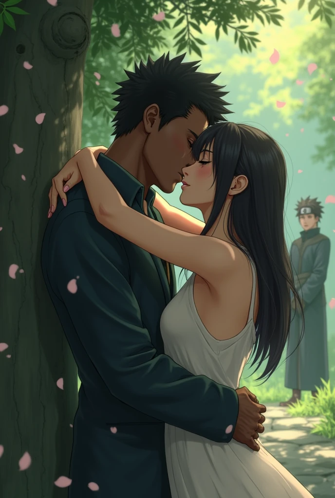 Hinata and the black man kiss, with the background of Naruto being sad