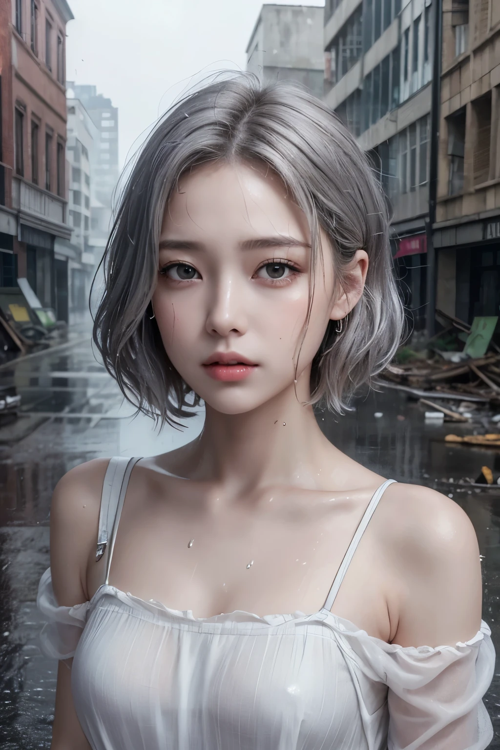 Highest quality, masterpiece, Ultra-high resolution、Photorealistic、A beautiful woman is getting wet in the rain、Stern expression、realistic skin and eyes、Silver-gray rough short bob hair、A simple and classic cotton dress、Small Bust、A bombed-out city of rubble、A dark, cloudy world with rain、Film Grain、