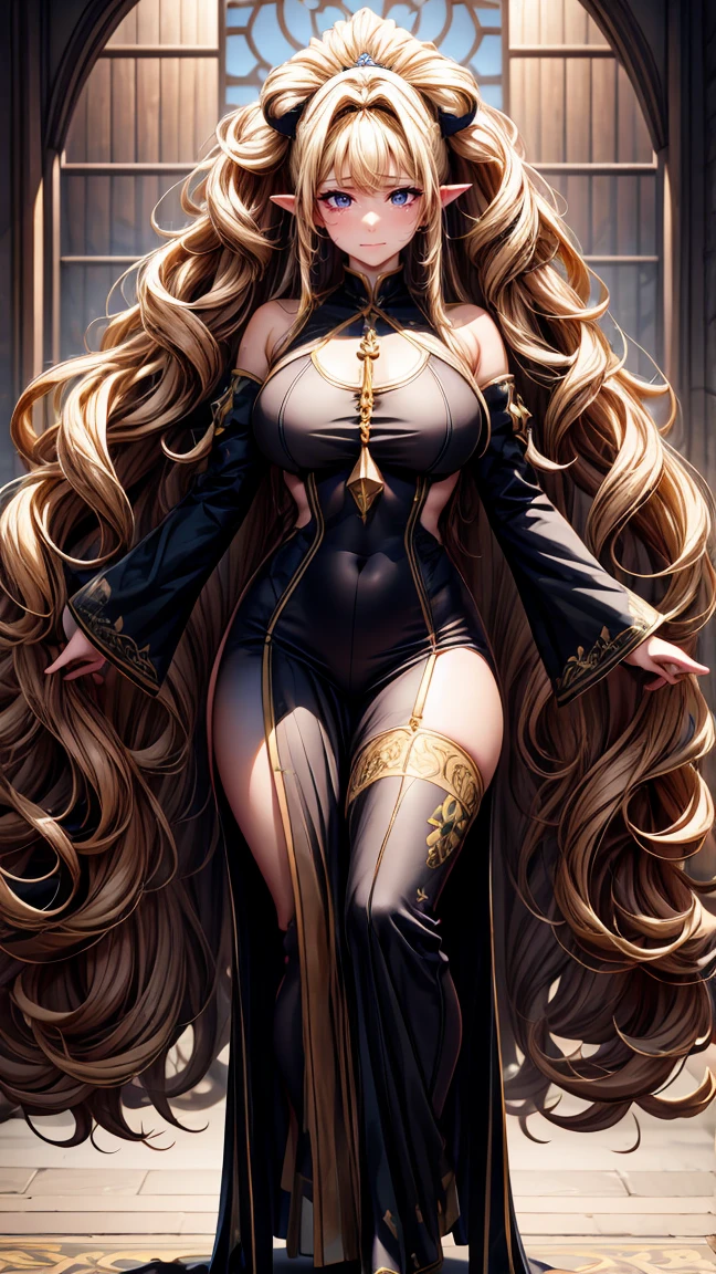 Best quality, masterpiece, ultra high res, raw photo, beautiful and aesthetic,deep shadow, fantasy theme,(ultra detailed:1.3),
1girl, standing pose, Realistic, cute girl, super long hair, hair, (big hair:1.3), thick hair, blonde hair, big breasts, big butt, hourglass body, emphasis on hair, emphasis on eyes, emphasis on face, pointy ears, crying, priestess clothing, detached sleeves, full body 