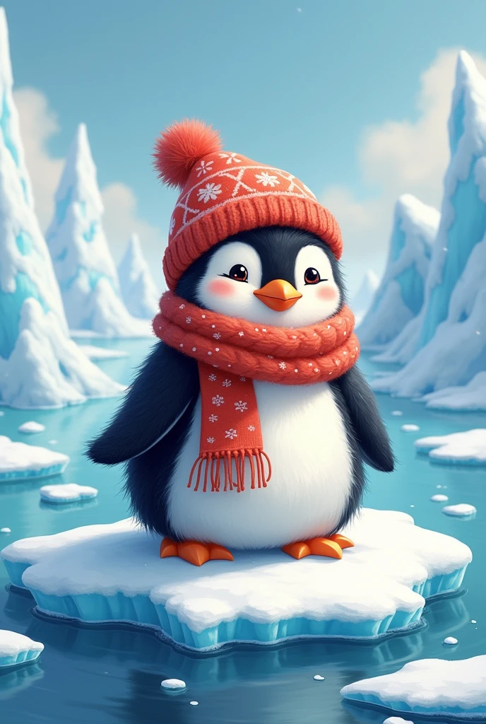 Cute penguin in ice with clothes