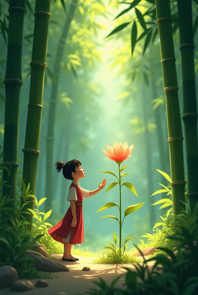 Ling finds the rare flower
- A hidden clearing in the bamboo forest, with a single, exquisite, rare flower blooming in the center, and Ling reaching out to touch it.