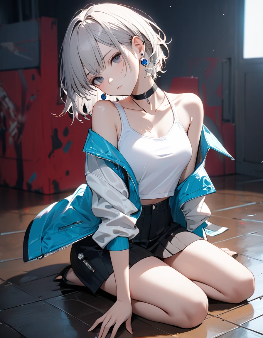 1girl, best quality, beautiful, short hair, 8K, expressionless, full body, sitting on floor model pose, head tilt look view, slim, jacket, white tanktop inside, earrings, choker, perfect, concept, full color