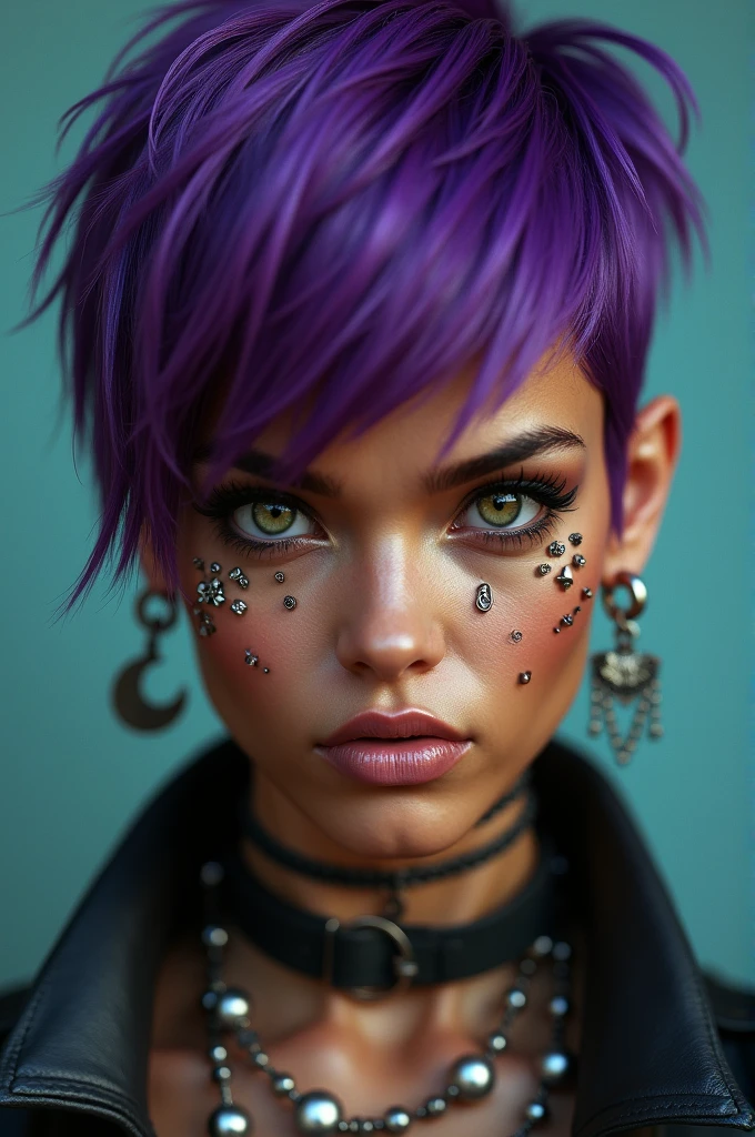 Brown-skinned brunette with short purple hair and many piercings on her face