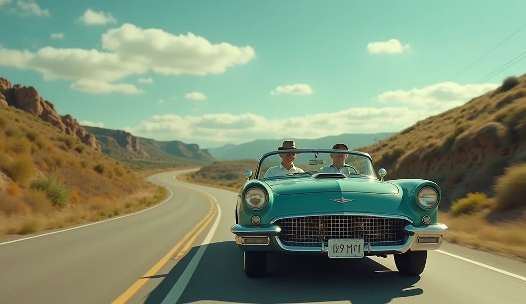A vintage cinematic style of a man driving an old-fashioned car on a winding highway towards the south, beneath a blue sky with wispy white clouds, displayed in 4K resolution, with a slight grainy texture to emulate old film reels, steady camera movements, focusing on the road ahead