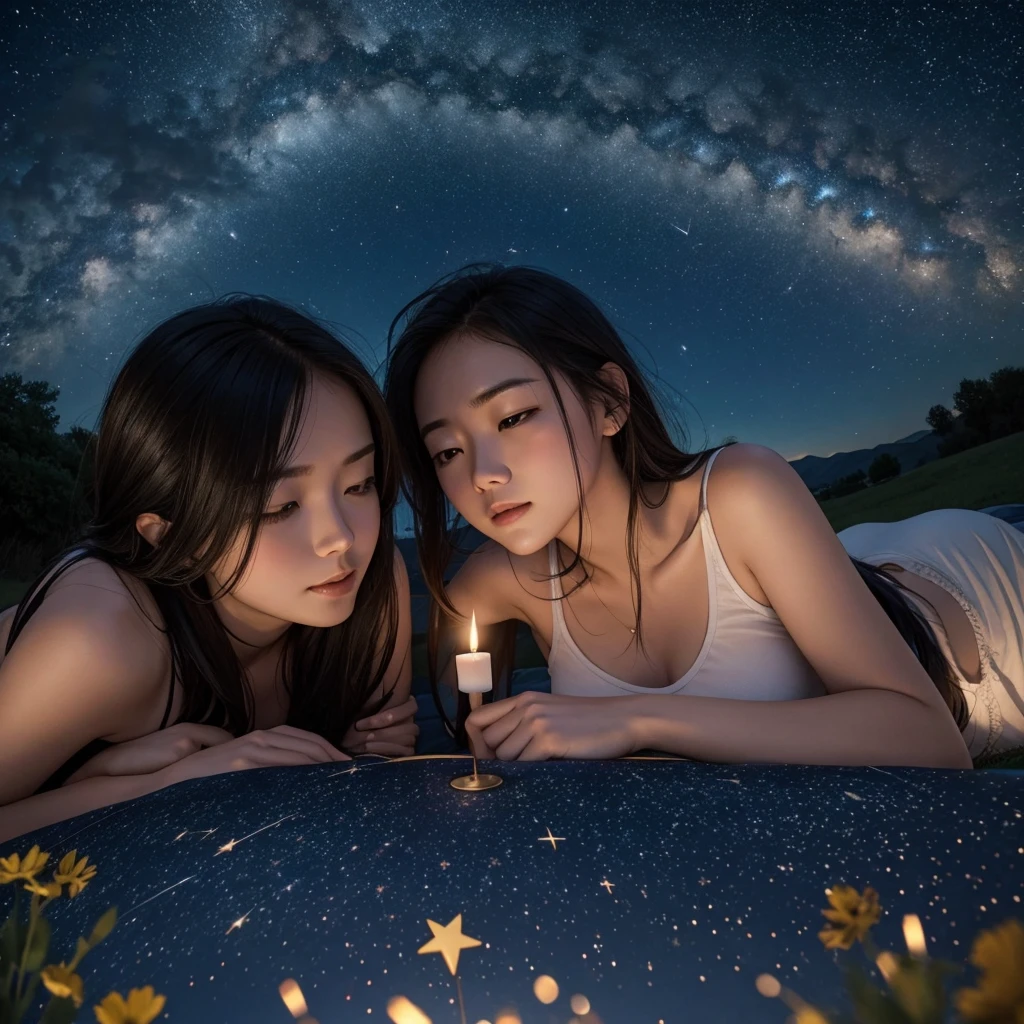 under the sterry sky lying down watching the star and meteor with lover