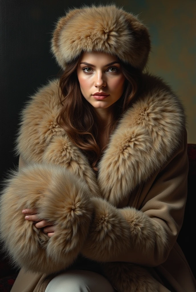 A beautiful woman, with afur cap on with beautiful hairs and a fur stole, stole is dropped from her left shoulder, sitting upright and holding out to the spectator a huge fur muff into which the whole of her forearm had vanished