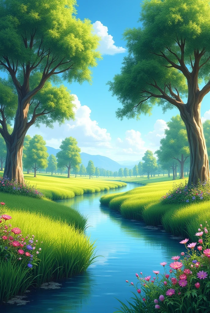 Beautiful flowers grass and trees along the river